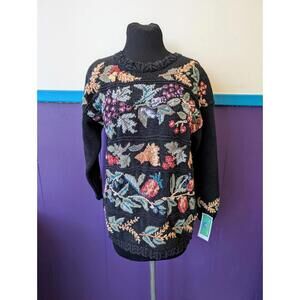 Vintage 90s Embroidered Black Floral Harvest Sweater L